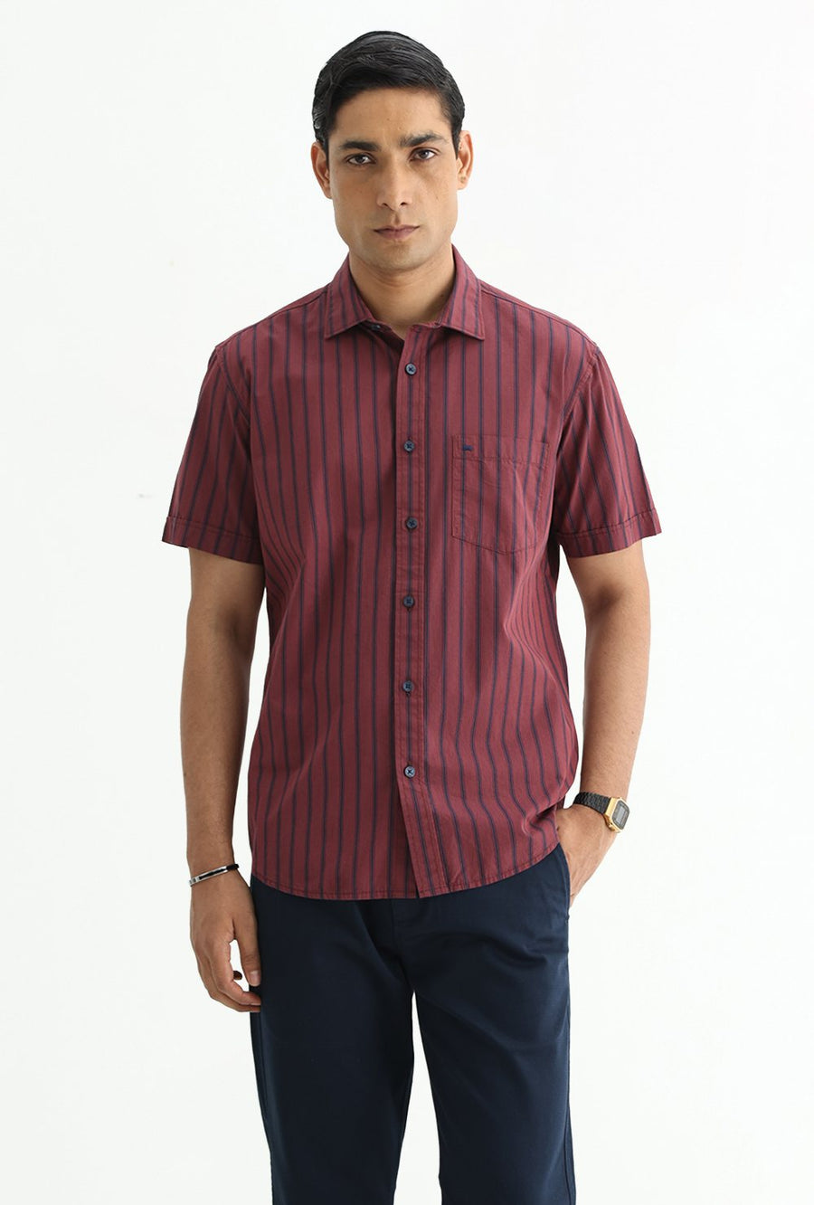 BASICS SLIM FIT RUBY MAROON COTTON PLAIN STRIPES HALFSLEEVES SHIRT
