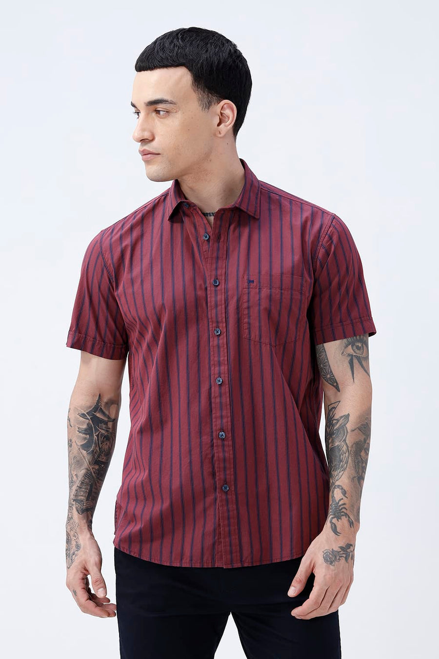 BASICS SLIM FIT RUBY MAROON COTTON PLAIN STRIPES HALFSLEEVES SHIRT