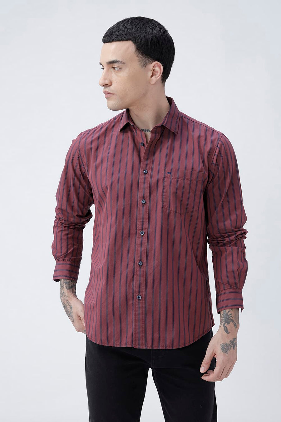 BASICS SLIM FIT RUBY MAROON COTTON PLAIN STRIPES SHIRT