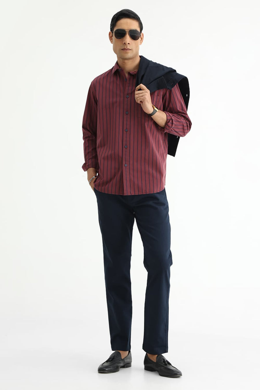 BASICS SLIM FIT RUBY MAROON COTTON PLAIN STRIPES SHIRT