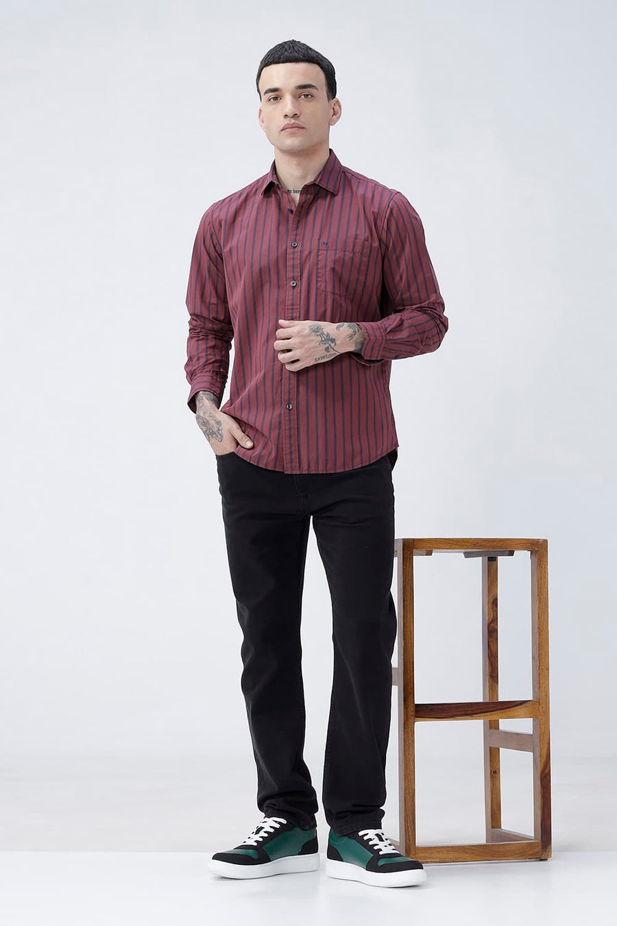 BASICS SLIM FIT RUBY MAROON COTTON PLAIN STRIPES SHIRT