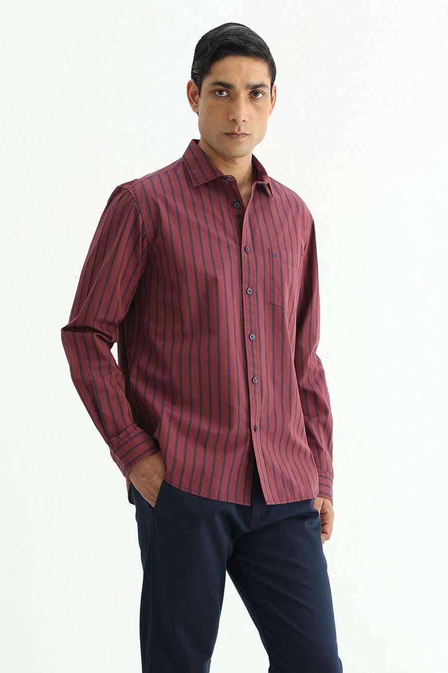 BASICS SLIM FIT RUBY MAROON COTTON PLAIN STRIPES SHIRT