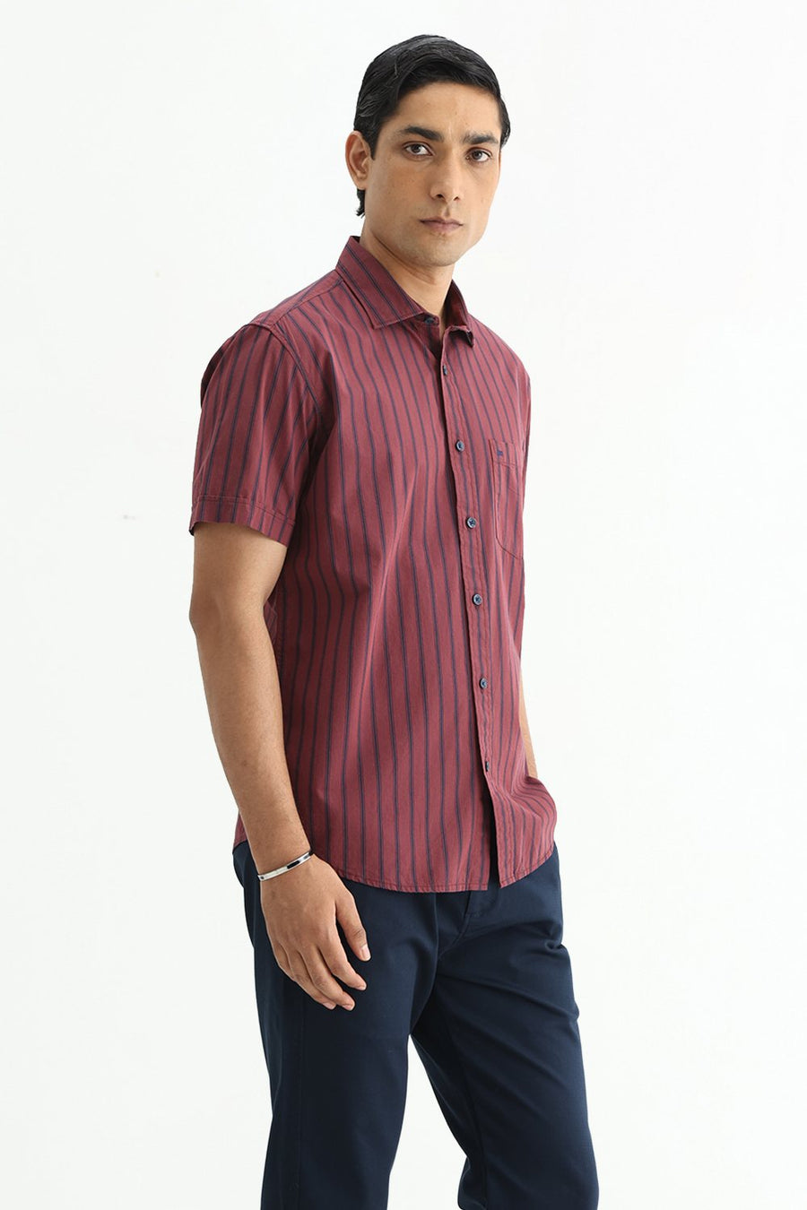 BASICS SLIM FIT RUBY MAROON COTTON PLAIN STRIPES HALFSLEEVES SHIRT