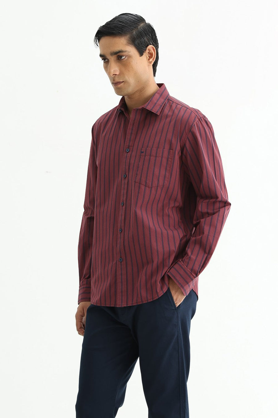 BASICS SLIM FIT RUBY MAROON COTTON PLAIN STRIPES SHIRT