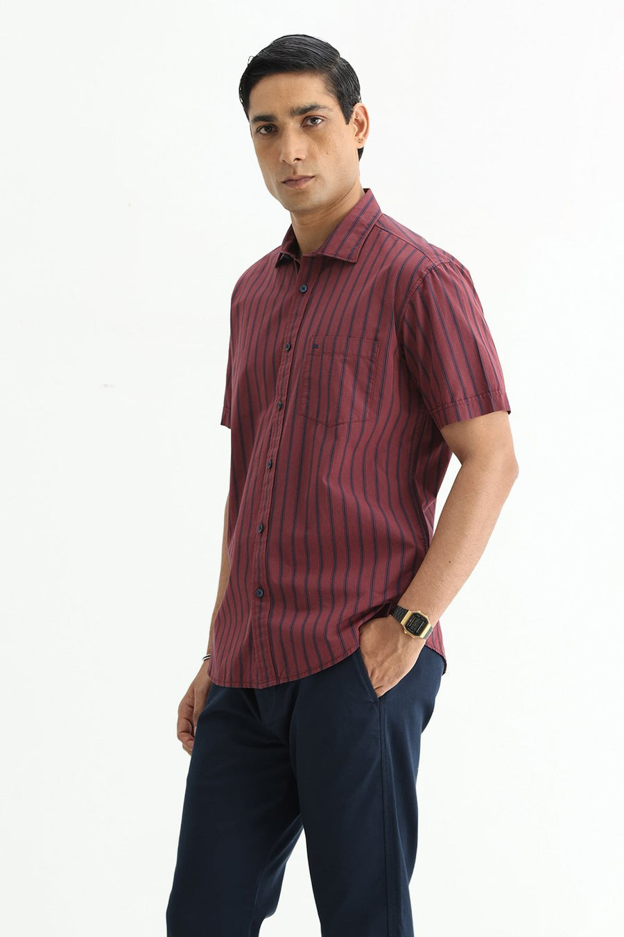 BASICS SLIM FIT RUBY MAROON COTTON PLAIN STRIPES HALFSLEEVES SHIRT