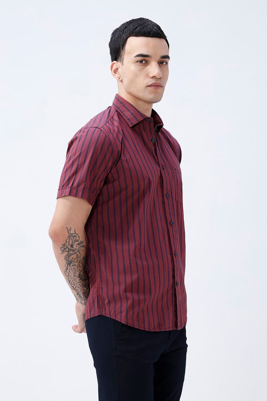BASICS SLIM FIT RUBY MAROON COTTON PLAIN STRIPES HALFSLEEVES SHIRT