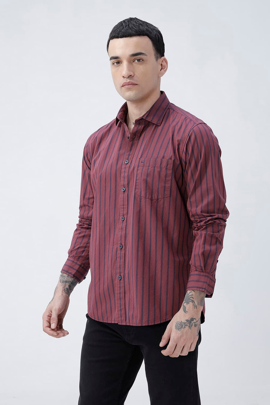 BASICS SLIM FIT RUBY MAROON COTTON PLAIN STRIPES SHIRT