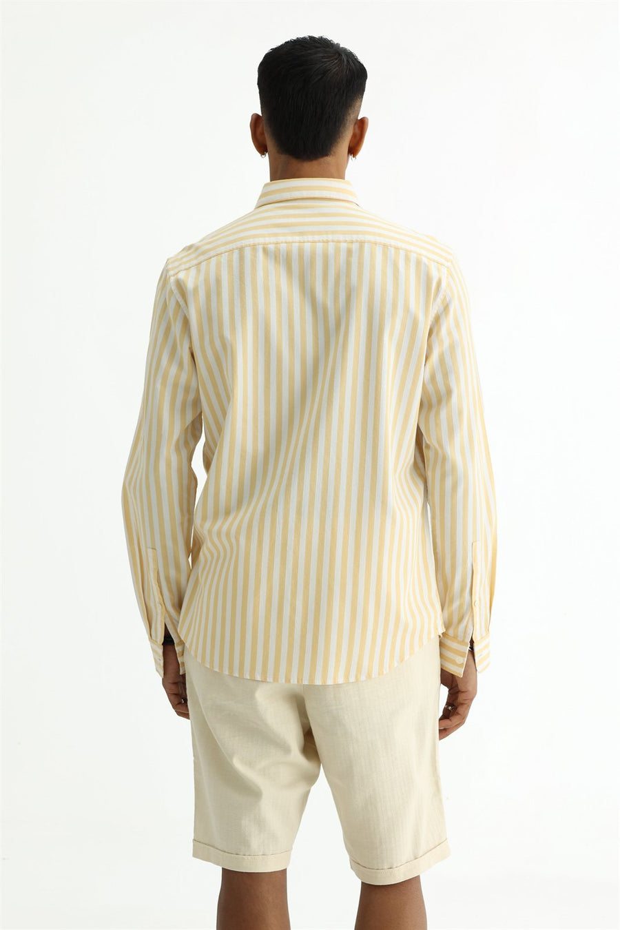 BASICS SLIM FIT YELLOW BEACH COTTON HERRING BONE STRIPE SHIRT