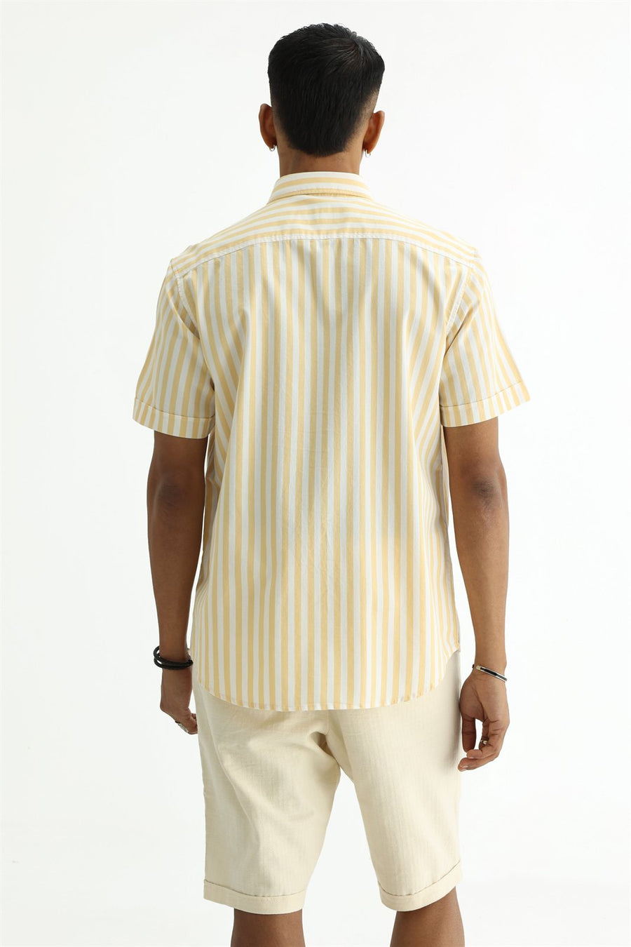 BASICS SLIM FIT YELLOW BEACH COTTON HERRING BONE STRIPE HALFSLEEVES SHIRT