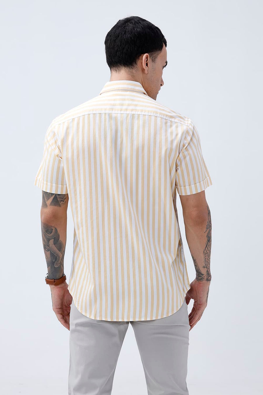 BASICS SLIM FIT YELLOW BEACH COTTON HERRING BONE STRIPE HALFSLEEVES SHIRT