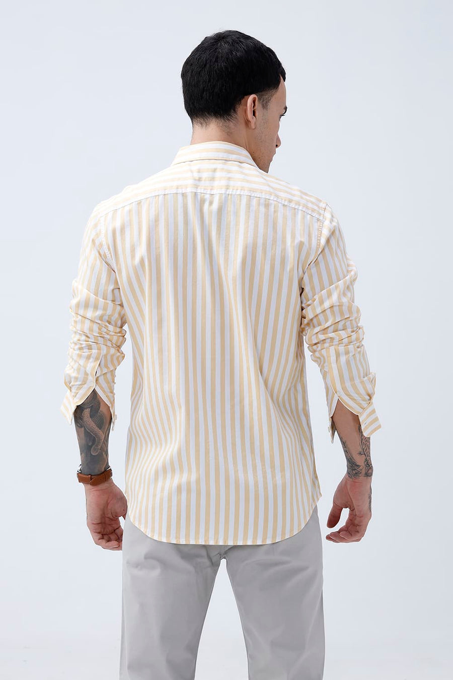 BASICS SLIM FIT YELLOW BEACH COTTON HERRING BONE STRIPE SHIRT