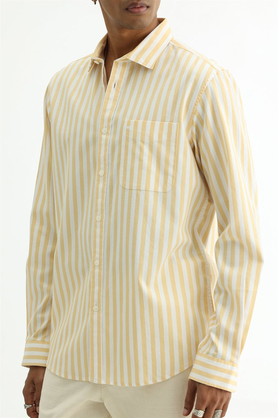 BASICS SLIM FIT YELLOW BEACH COTTON HERRING BONE STRIPE SHIRT