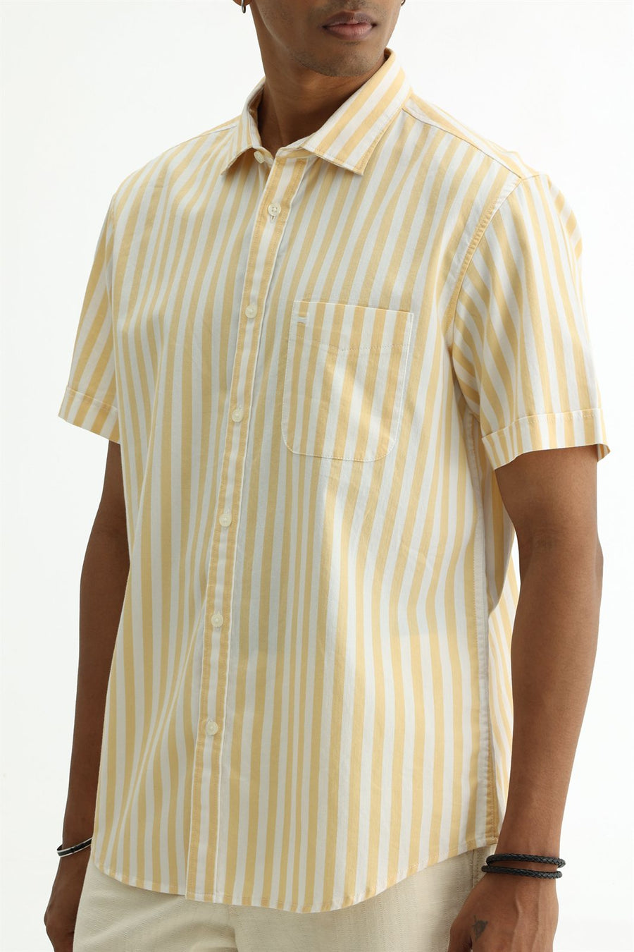 BASICS SLIM FIT YELLOW BEACH COTTON HERRING BONE STRIPE HALFSLEEVES SHIRT
