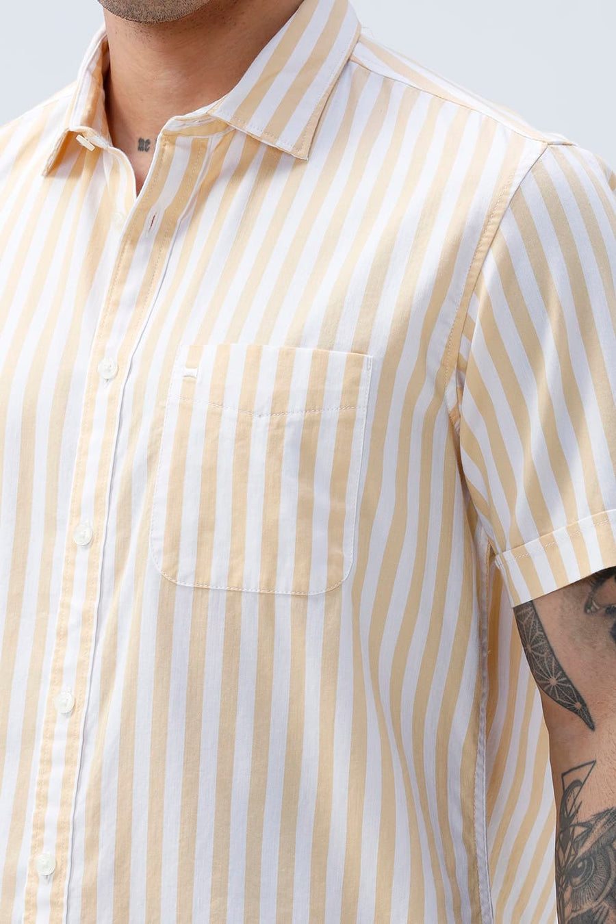 BASICS SLIM FIT YELLOW BEACH COTTON HERRING BONE STRIPE HALFSLEEVES SHIRT