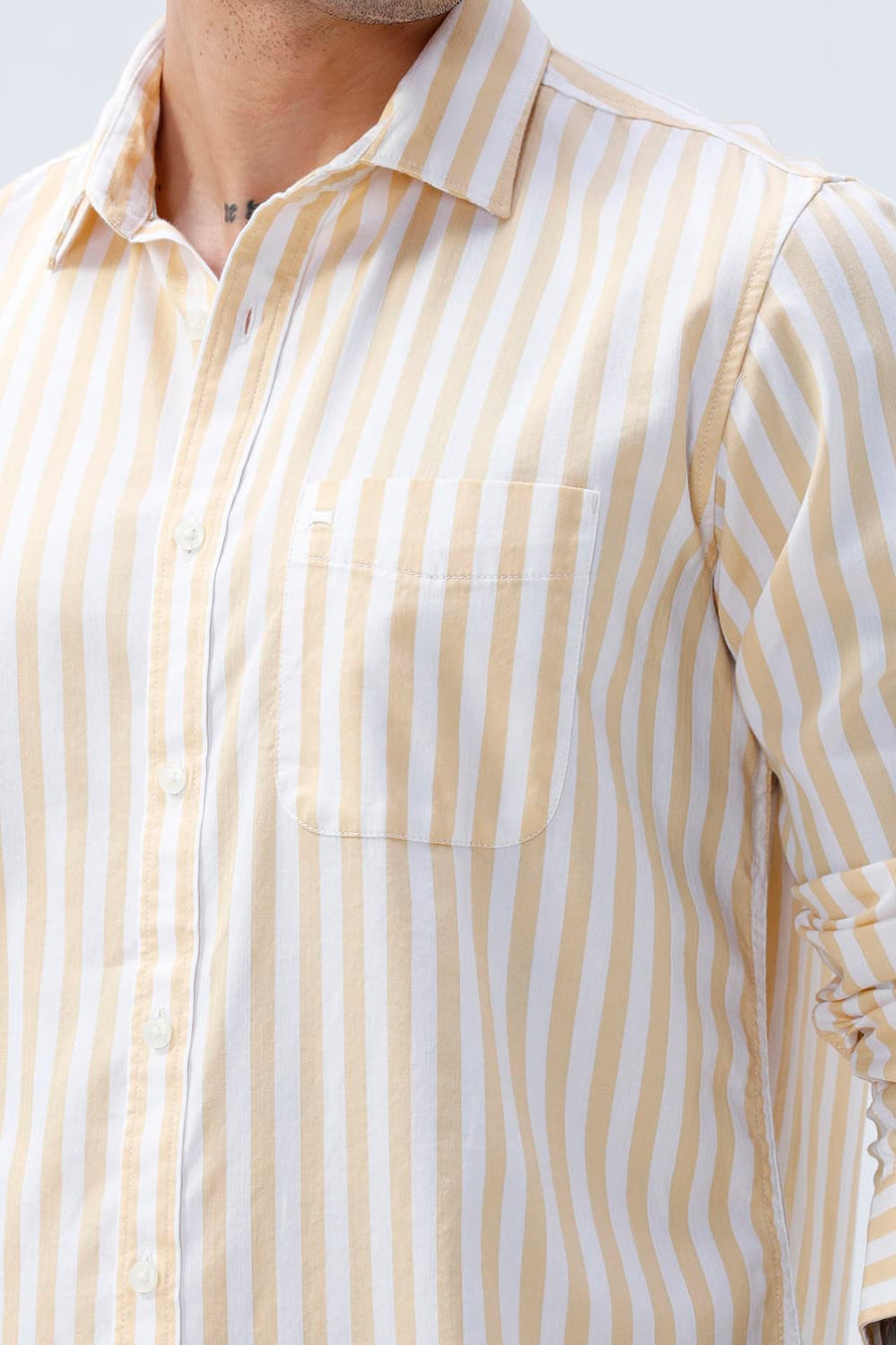 BASICS SLIM FIT YELLOW BEACH COTTON HERRING BONE STRIPE SHIRT