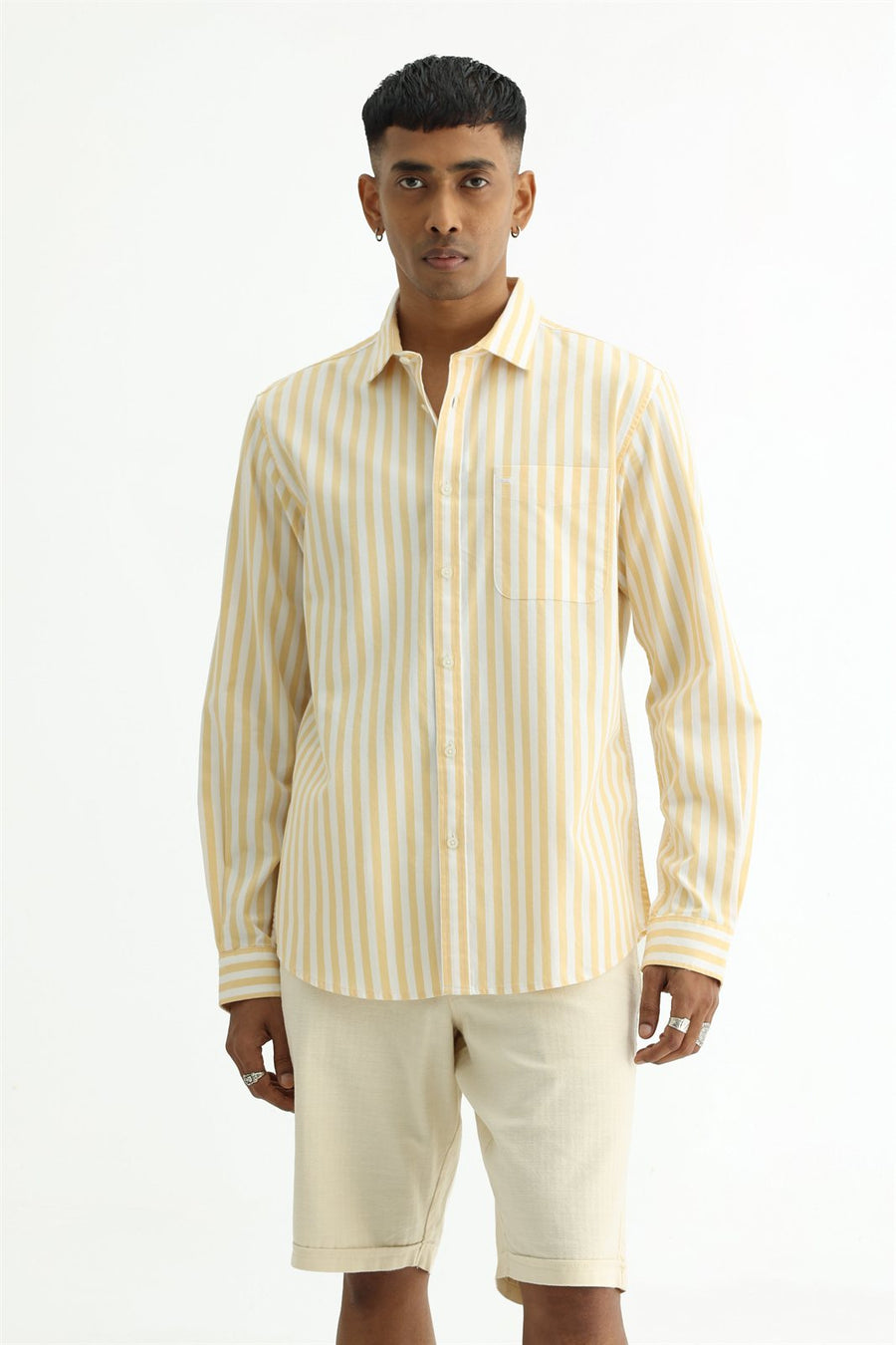 BASICS SLIM FIT YELLOW BEACH COTTON HERRING BONE STRIPE SHIRT