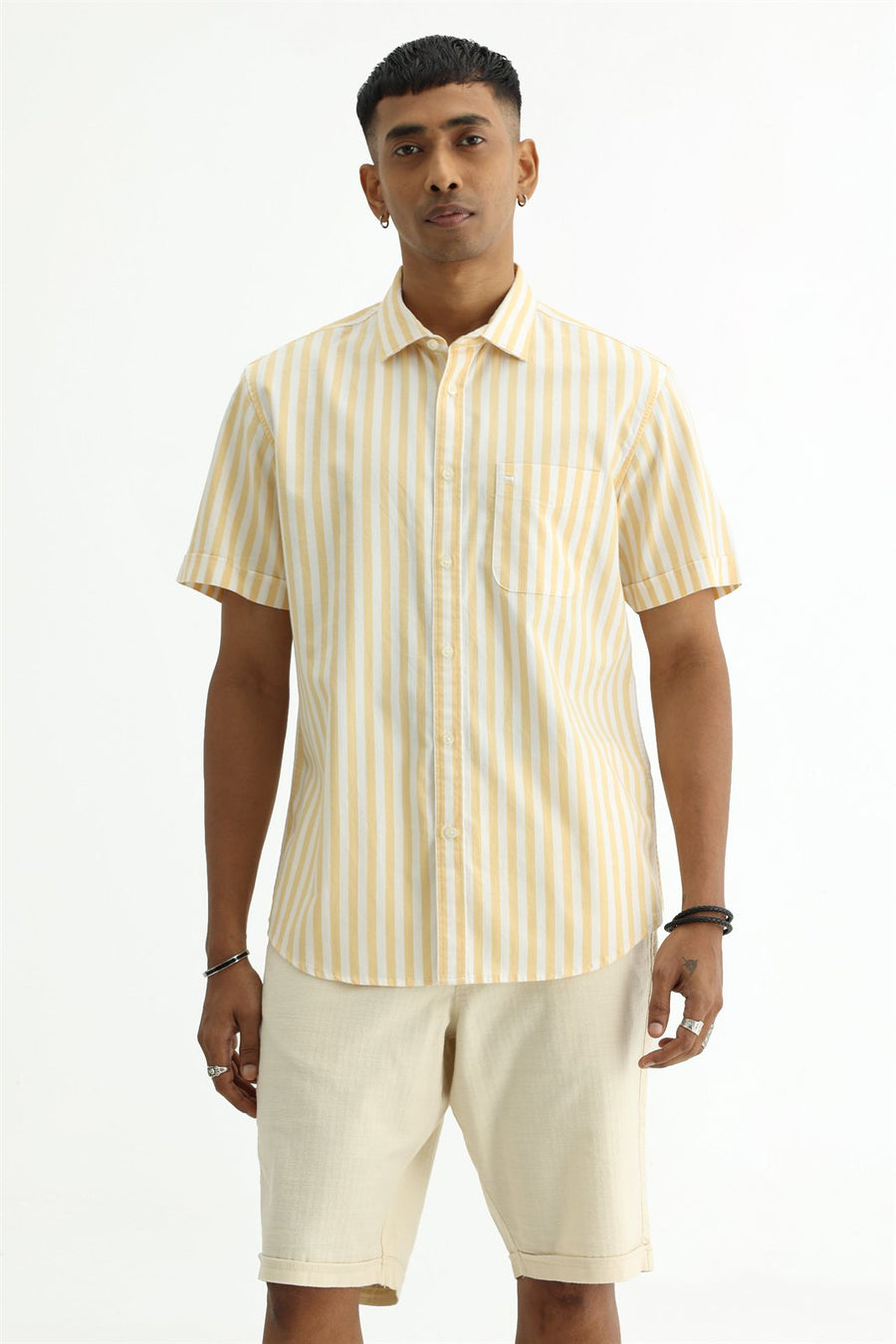 BASICS SLIM FIT YELLOW BEACH COTTON HERRING BONE STRIPE HALFSLEEVES SHIRT