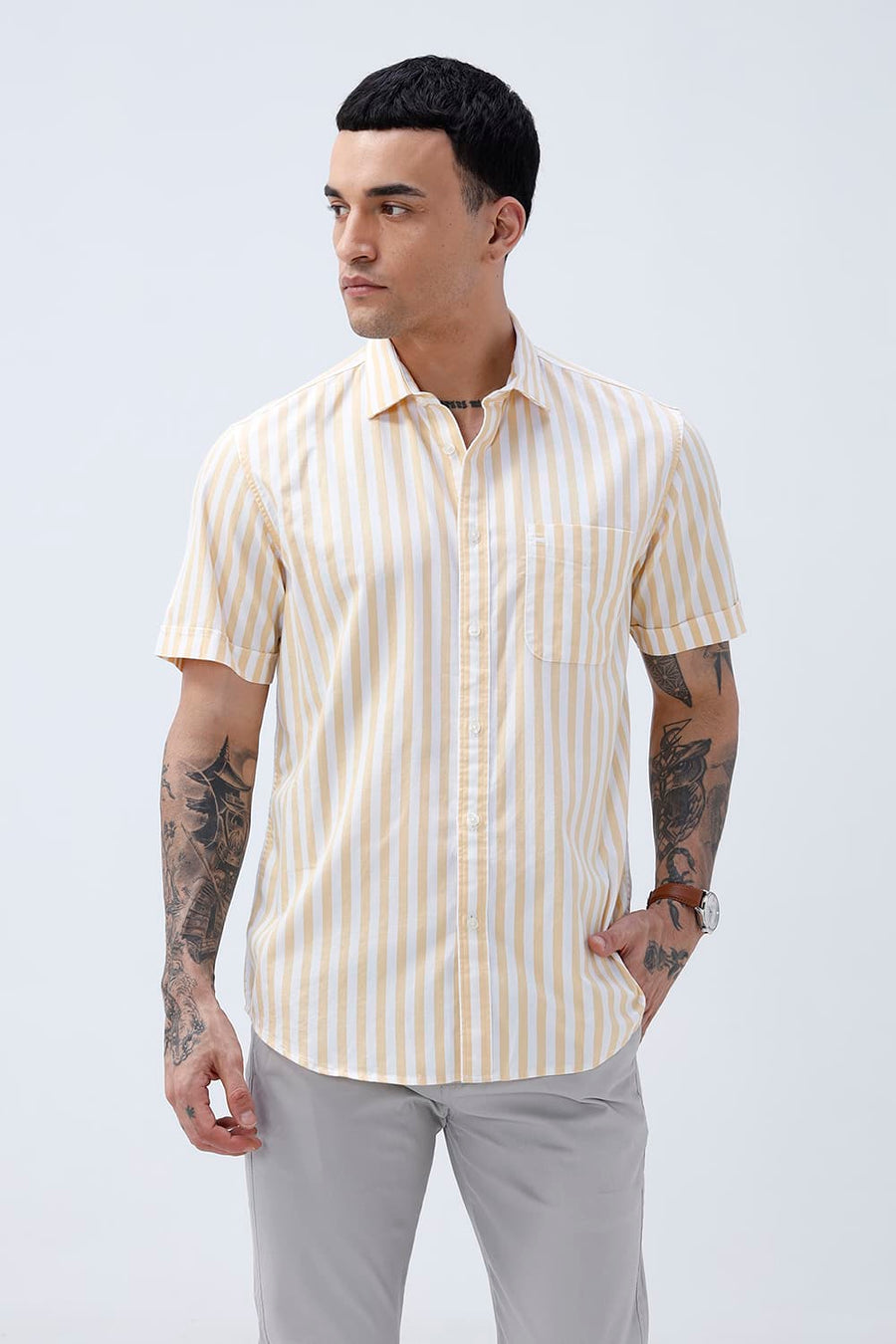 BASICS SLIM FIT YELLOW BEACH COTTON HERRING BONE STRIPE HALFSLEEVES SHIRT