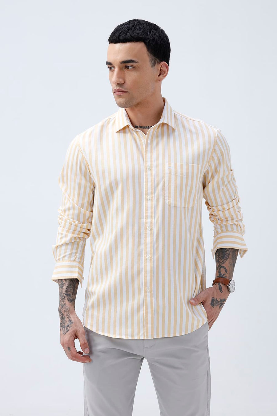 BASICS SLIM FIT YELLOW BEACH COTTON HERRING BONE STRIPE SHIRT