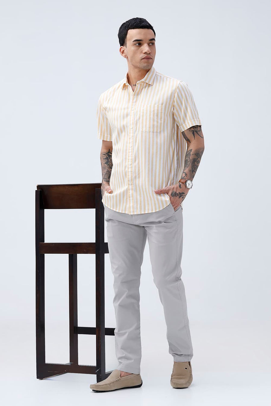 BASICS SLIM FIT YELLOW BEACH COTTON HERRING BONE STRIPE HALFSLEEVES SHIRT
