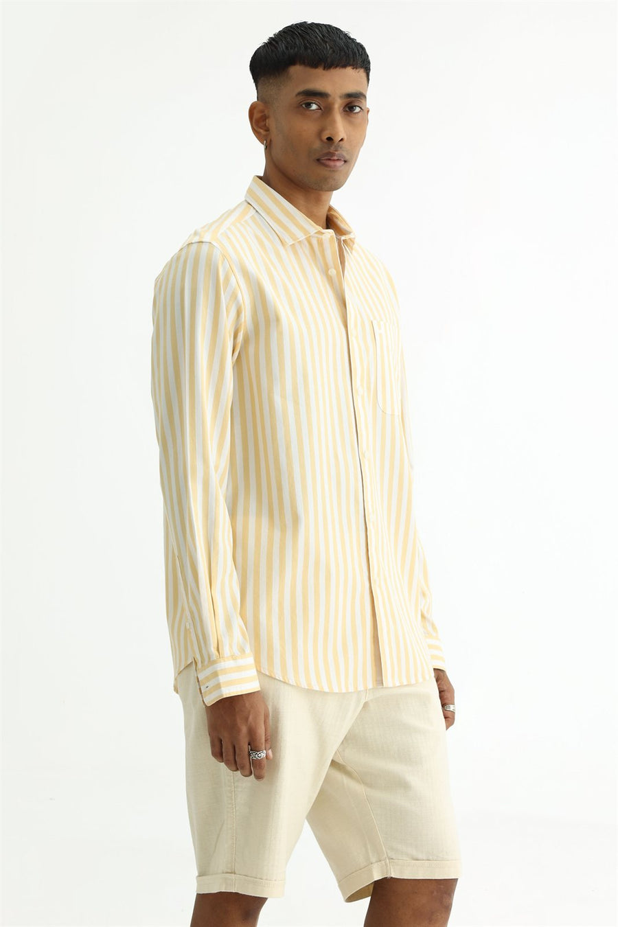 BASICS SLIM FIT YELLOW BEACH COTTON HERRING BONE STRIPE SHIRT