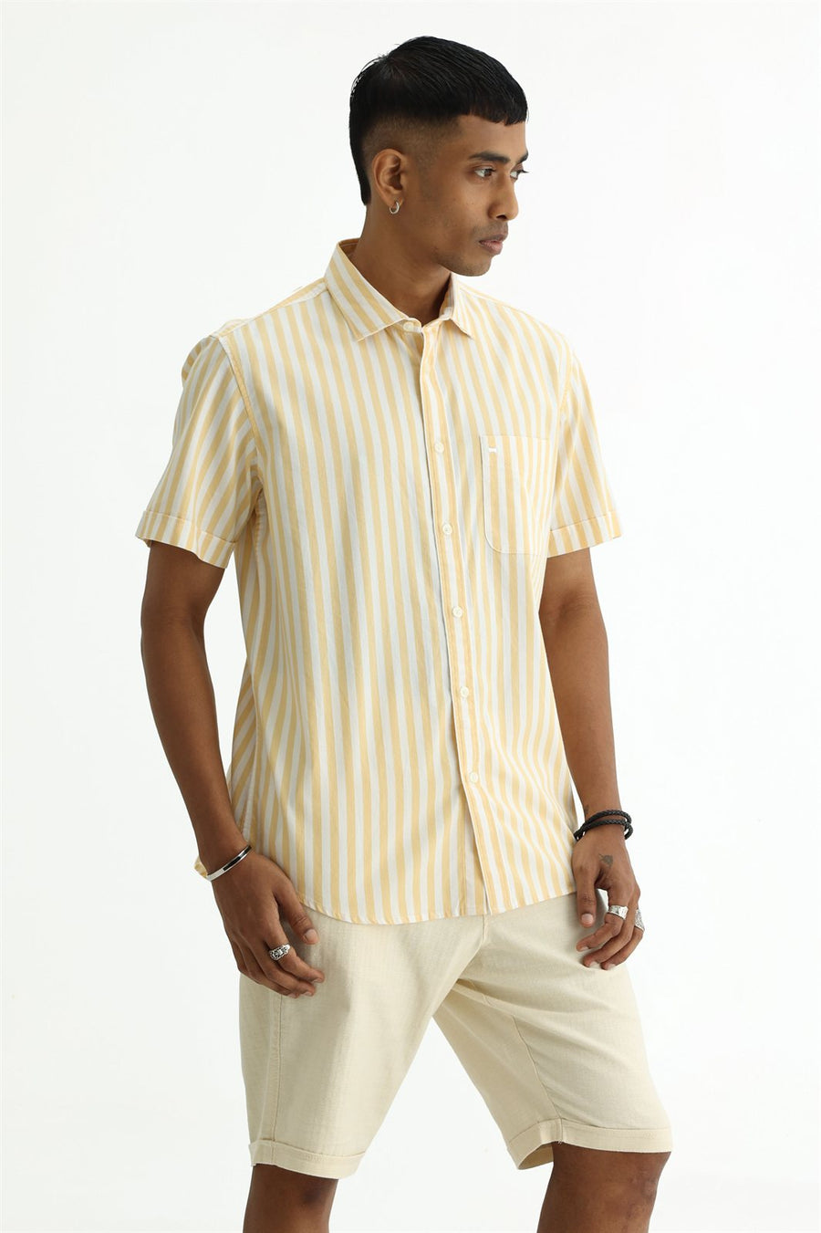 BASICS SLIM FIT YELLOW BEACH COTTON HERRING BONE STRIPE HALFSLEEVES SHIRT