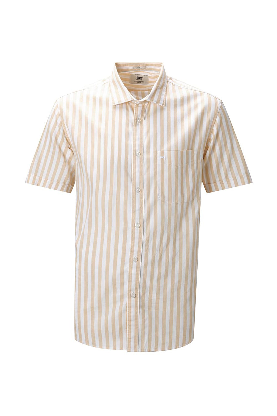 BASICS SLIM FIT YELLOW BEACH COTTON HERRING BONE STRIPE HALFSLEEVES SHIRT