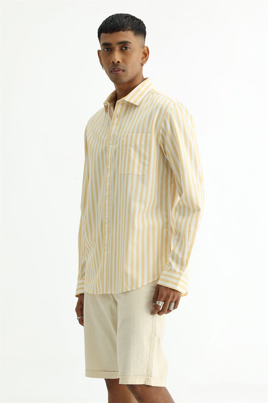 BASICS SLIM FIT YELLOW BEACH COTTON HERRING BONE STRIPE SHIRT