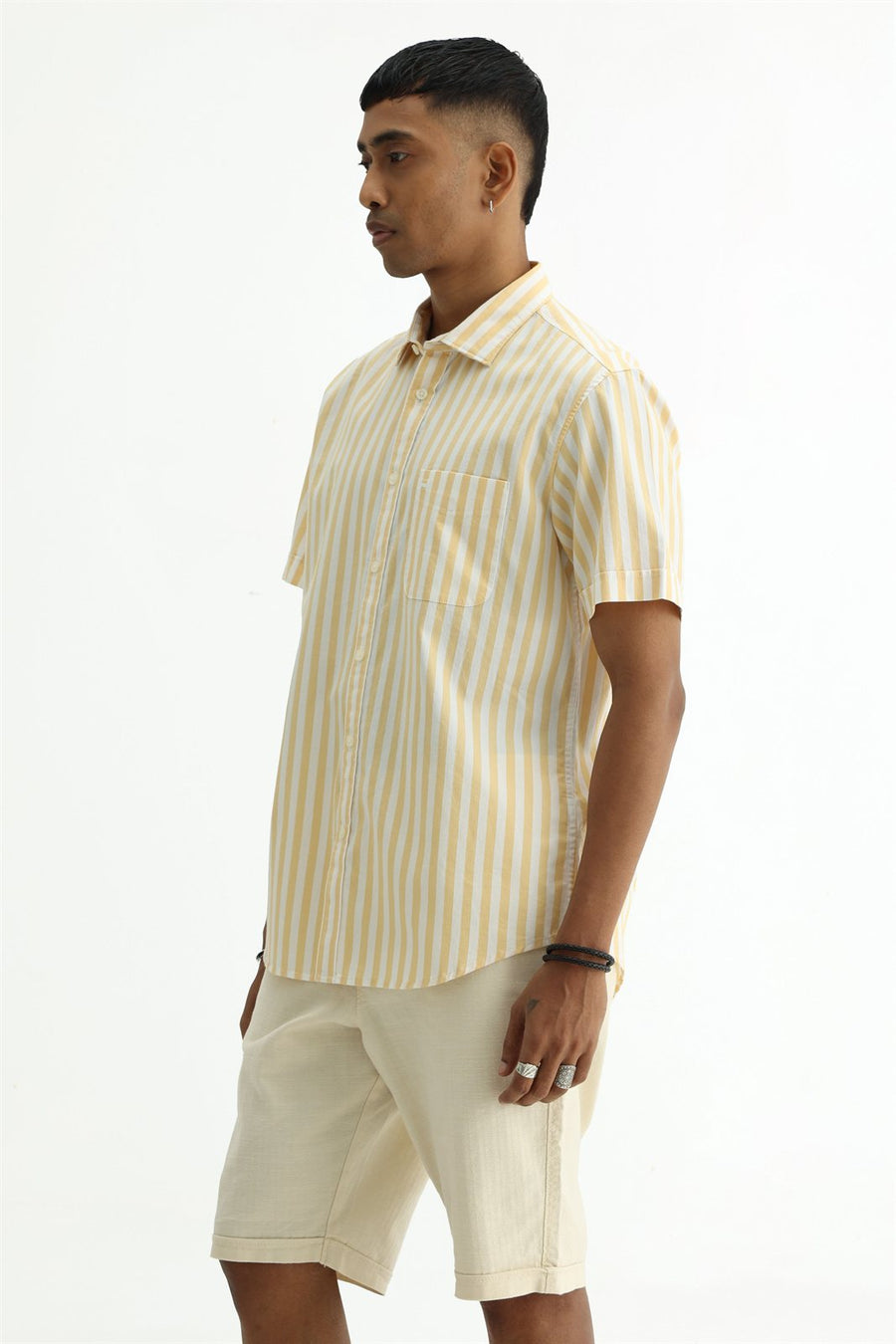 BASICS SLIM FIT YELLOW BEACH COTTON HERRING BONE STRIPE HALFSLEEVES SHIRT