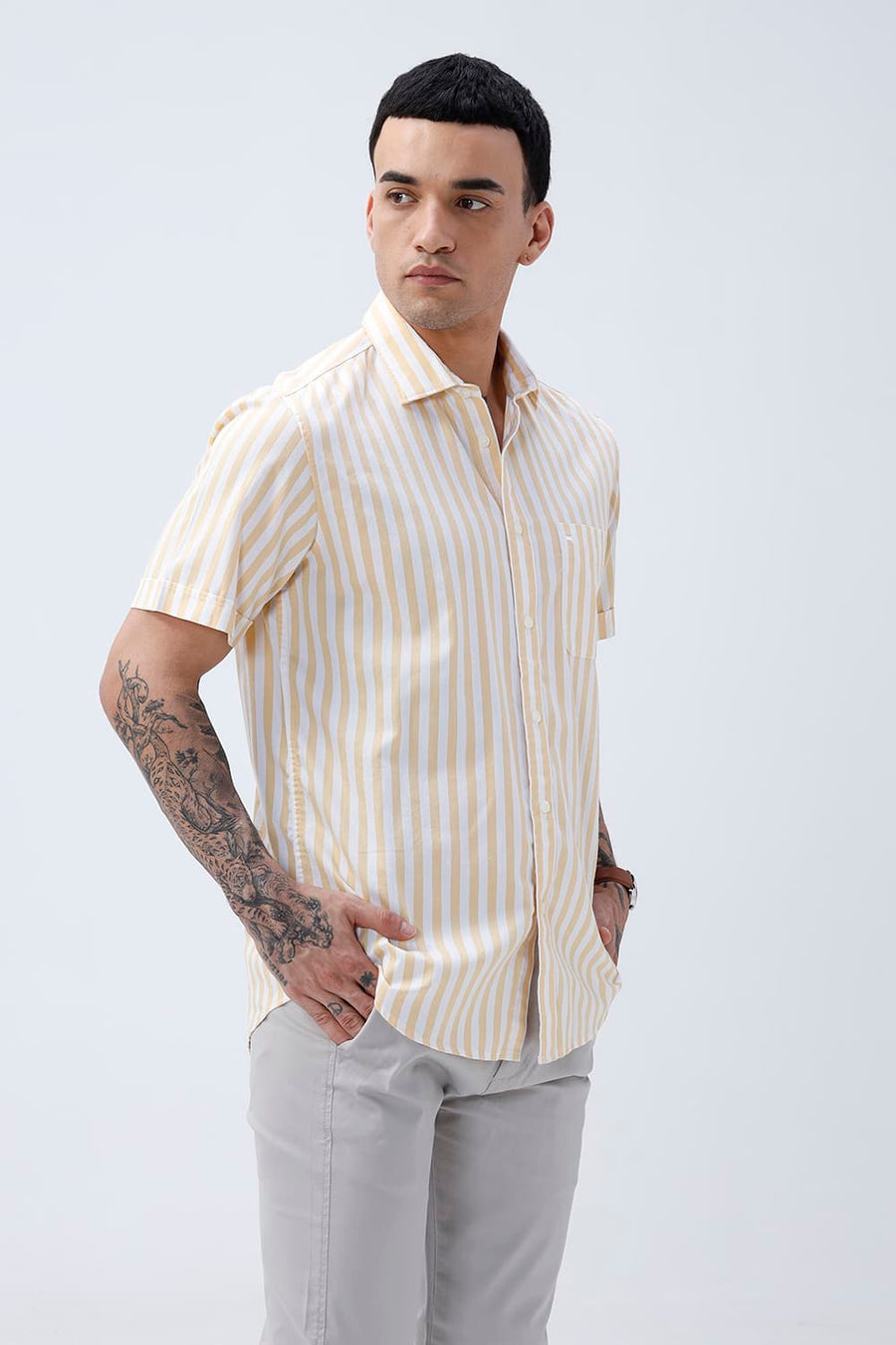 BASICS SLIM FIT YELLOW BEACH COTTON HERRING BONE STRIPE HALFSLEEVES SHIRT