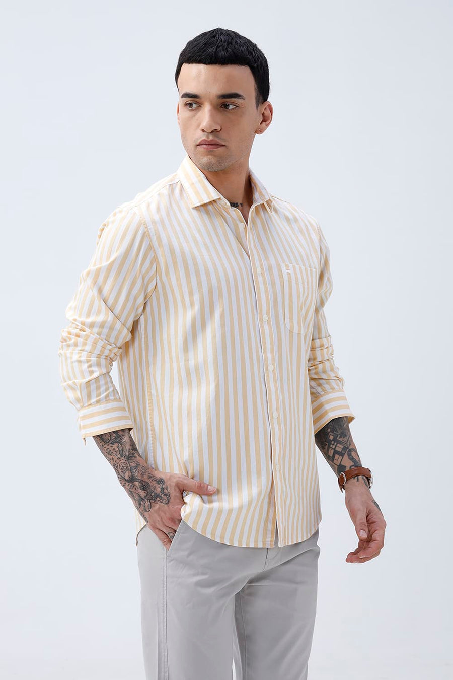 BASICS SLIM FIT YELLOW BEACH COTTON HERRING BONE STRIPE SHIRT
