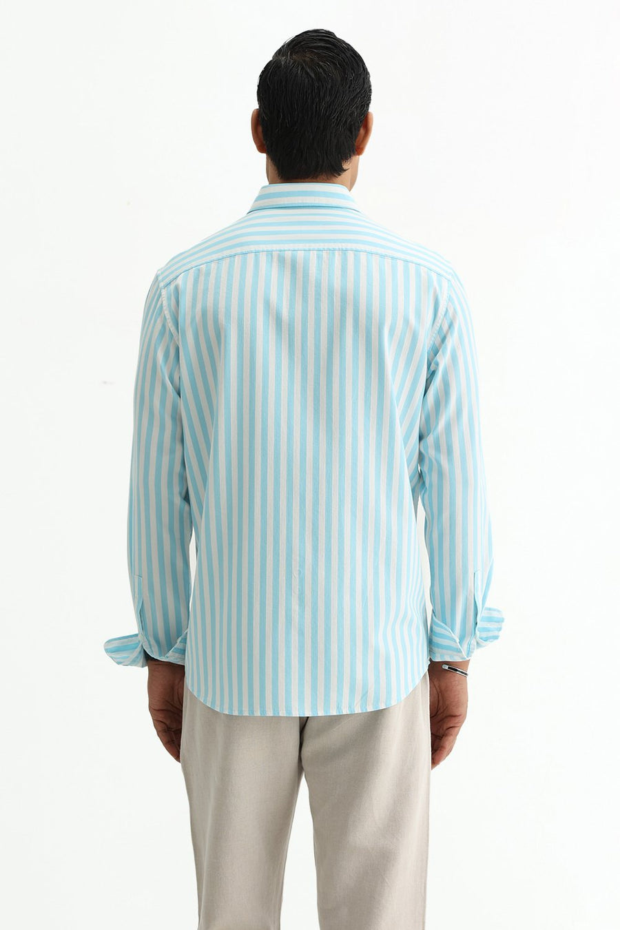 BASICS SLIM FIT BLUE BREEZE COTTON HERRING BONE STRIPE SHIRT