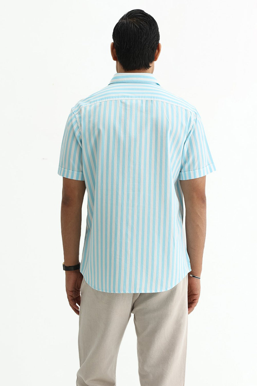 BASICS SLIM FIT BLUE BREEZE COTTON HERRING BONE STRIPE HALFSLEEVES SHIRT