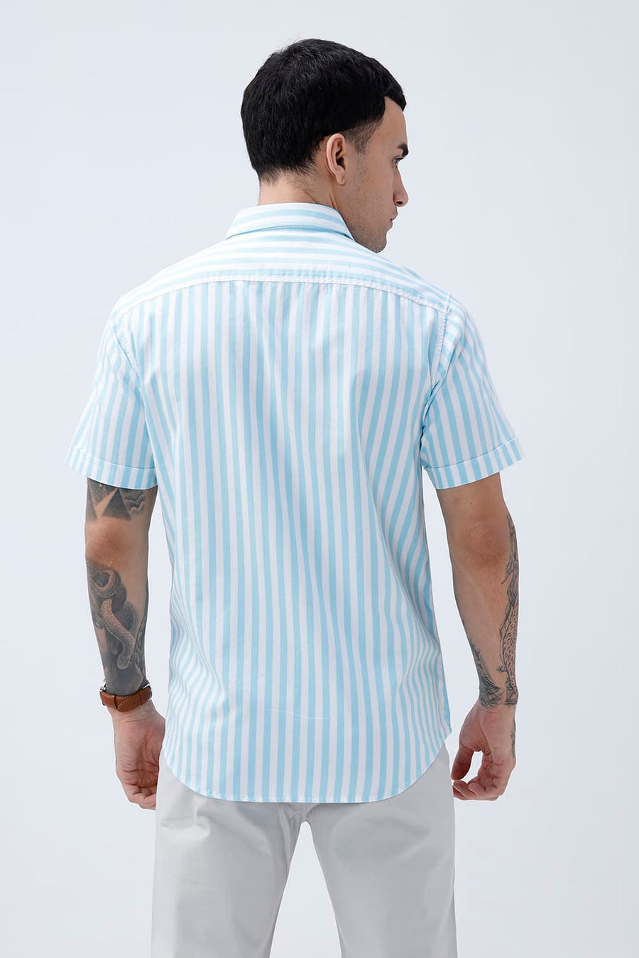 BASICS SLIM FIT BLUE BREEZE COTTON HERRING BONE STRIPE HALFSLEEVES SHIRT