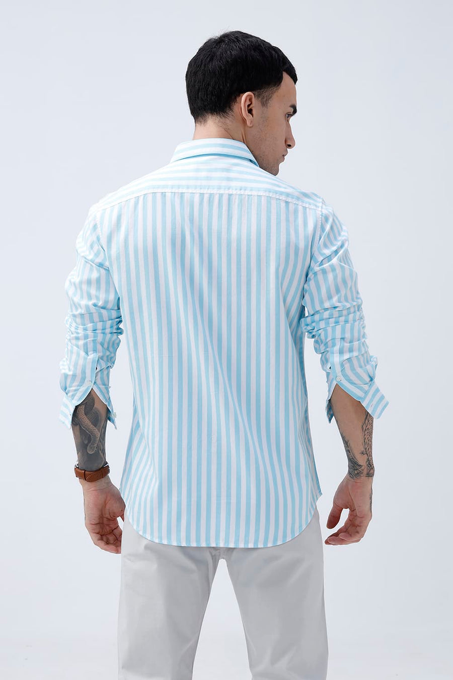 BASICS SLIM FIT BLUE BREEZE COTTON HERRING BONE STRIPE SHIRT