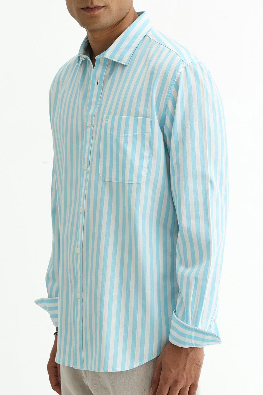BASICS SLIM FIT BLUE BREEZE COTTON HERRING BONE STRIPE SHIRT