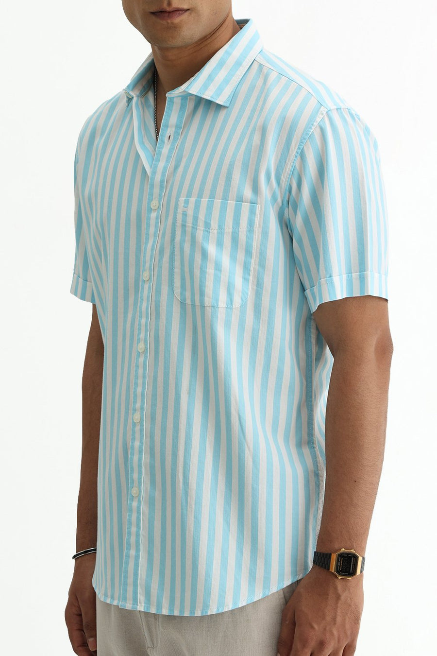 BASICS SLIM FIT BLUE BREEZE COTTON HERRING BONE STRIPE HALFSLEEVES SHIRT