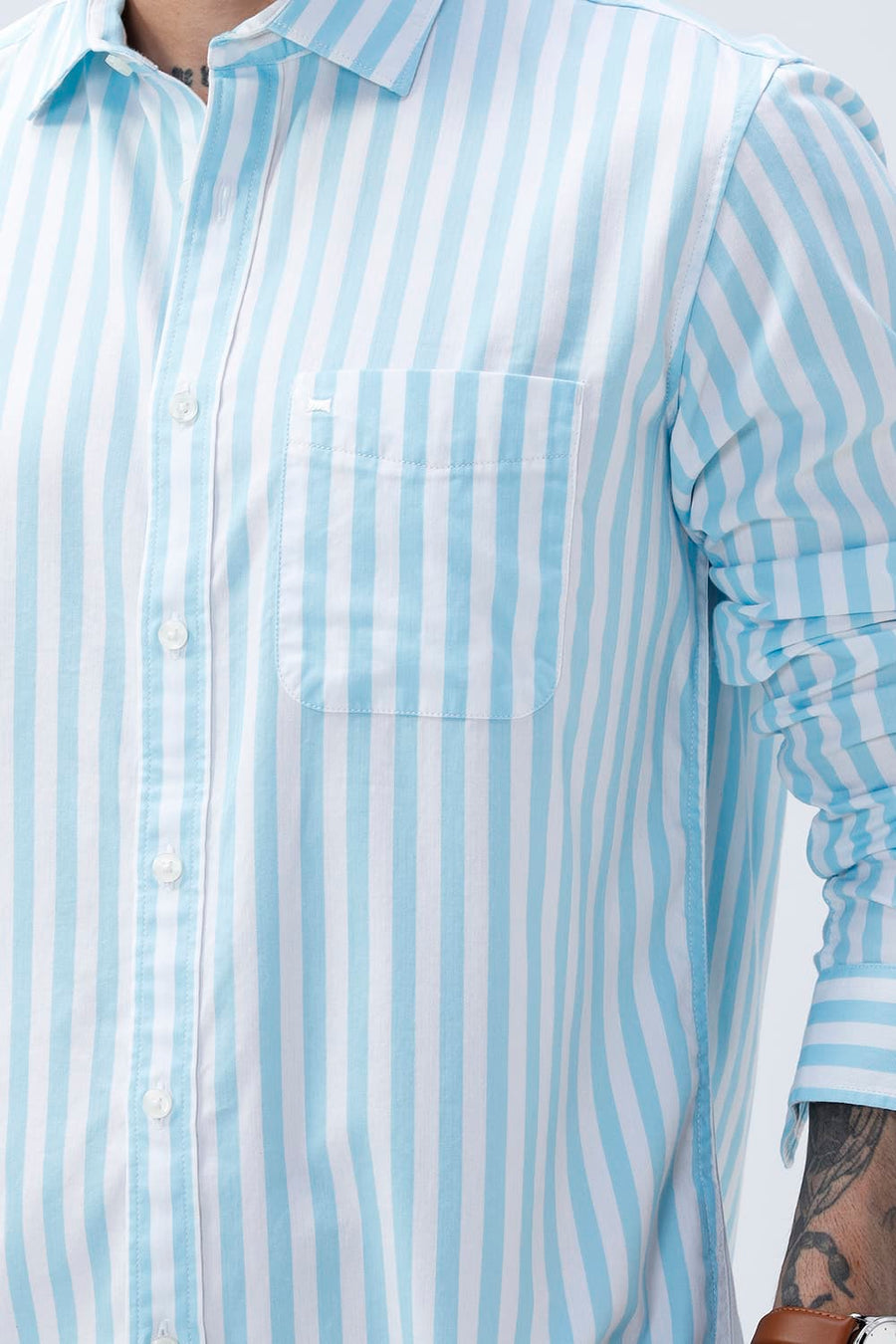 BASICS SLIM FIT BLUE BREEZE COTTON HERRING BONE STRIPE SHIRT
