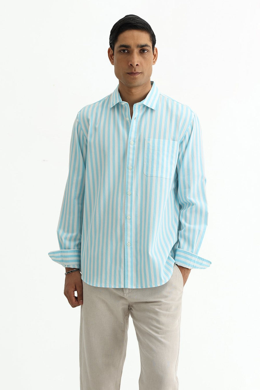 BASICS SLIM FIT BLUE BREEZE COTTON HERRING BONE STRIPE SHIRT
