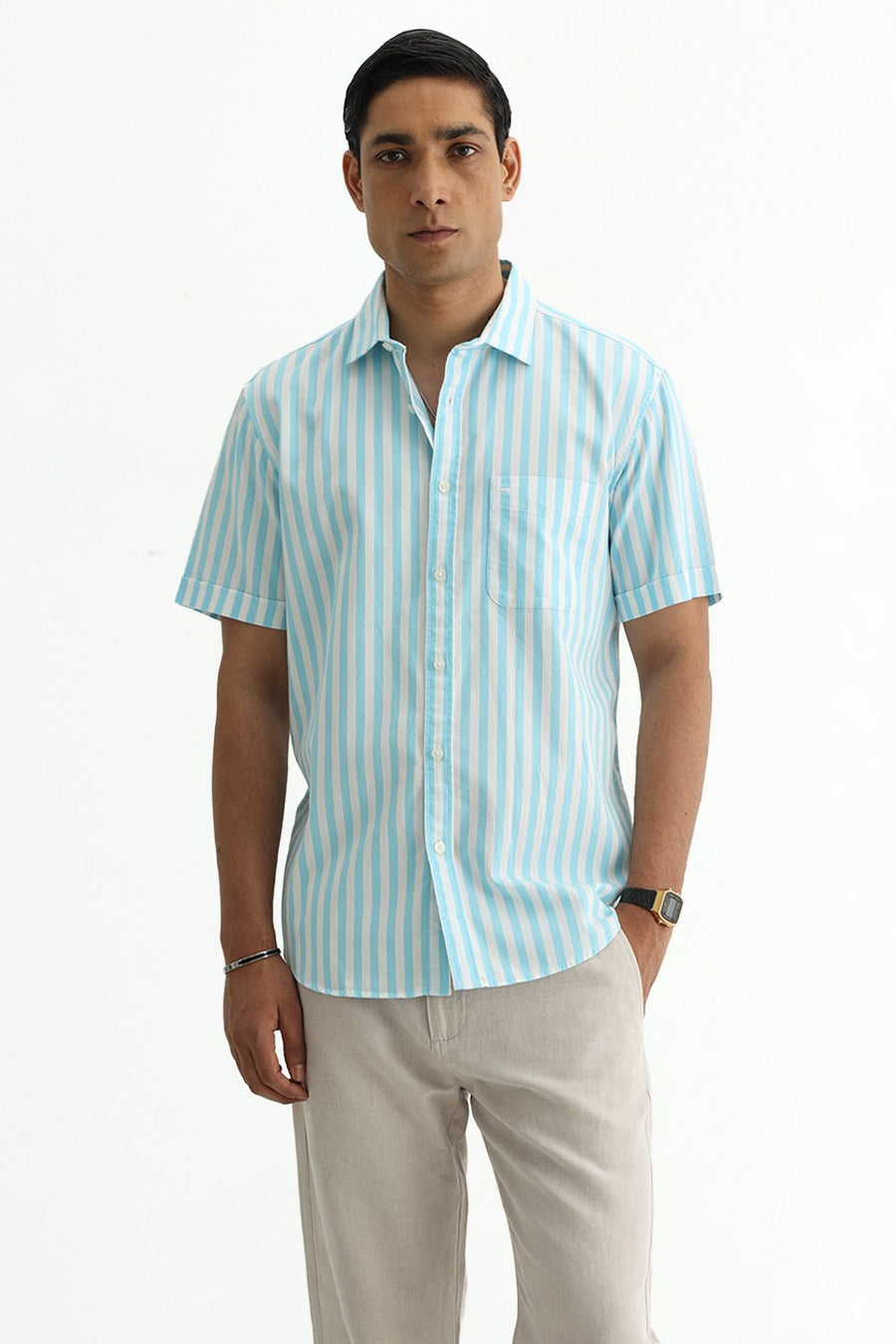BASICS SLIM FIT BLUE BREEZE COTTON HERRING BONE STRIPE HALFSLEEVES SHIRT