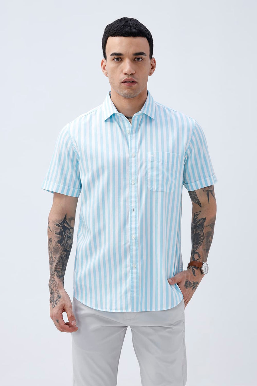 BASICS SLIM FIT BLUE BREEZE COTTON HERRING BONE STRIPE HALFSLEEVES SHIRT