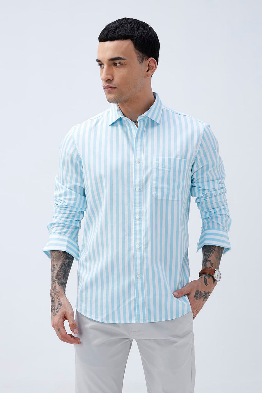 BASICS SLIM FIT BLUE BREEZE COTTON HERRING BONE STRIPE SHIRT