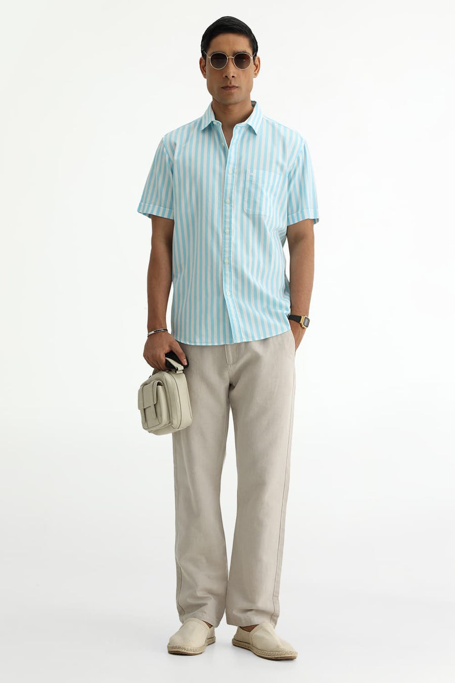 BASICS SLIM FIT BLUE BREEZE COTTON HERRING BONE STRIPE HALFSLEEVES SHIRT