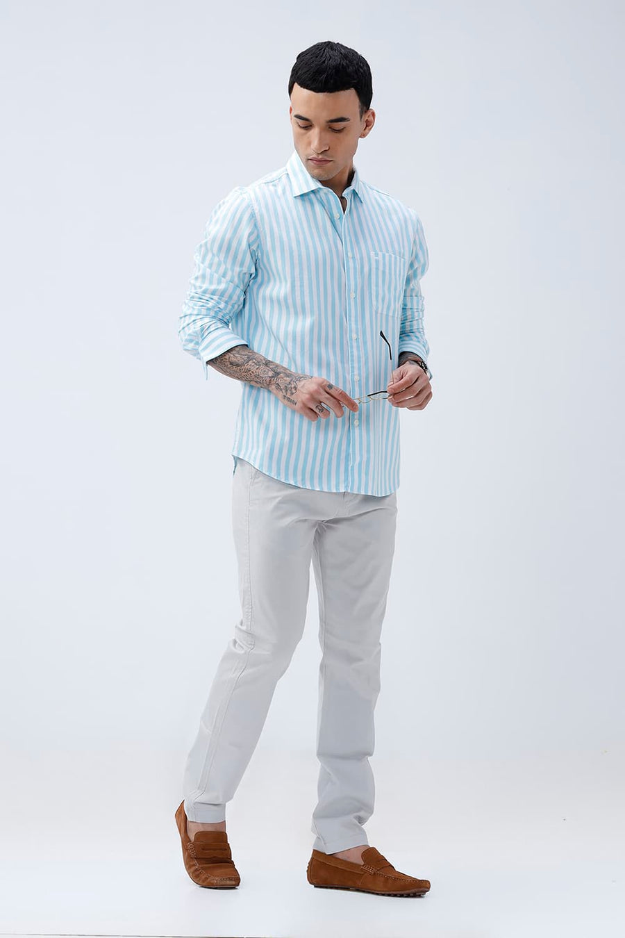 BASICS SLIM FIT BLUE BREEZE COTTON HERRING BONE STRIPE SHIRT