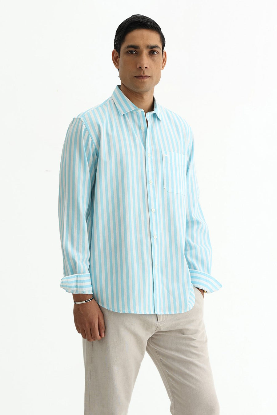 BASICS SLIM FIT BLUE BREEZE COTTON HERRING BONE STRIPE SHIRT
