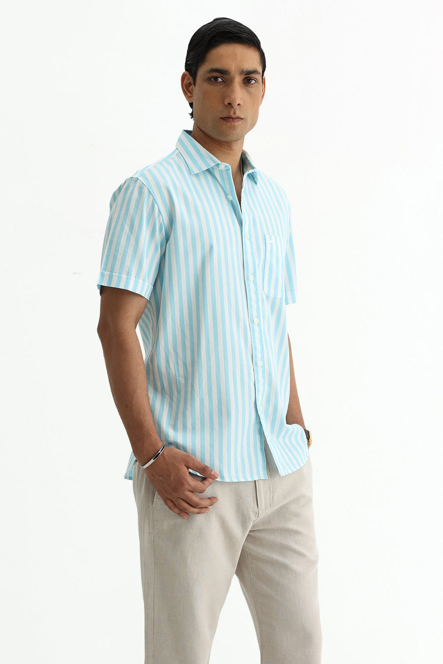 BASICS SLIM FIT BLUE BREEZE COTTON HERRING BONE STRIPE HALFSLEEVES SHIRT