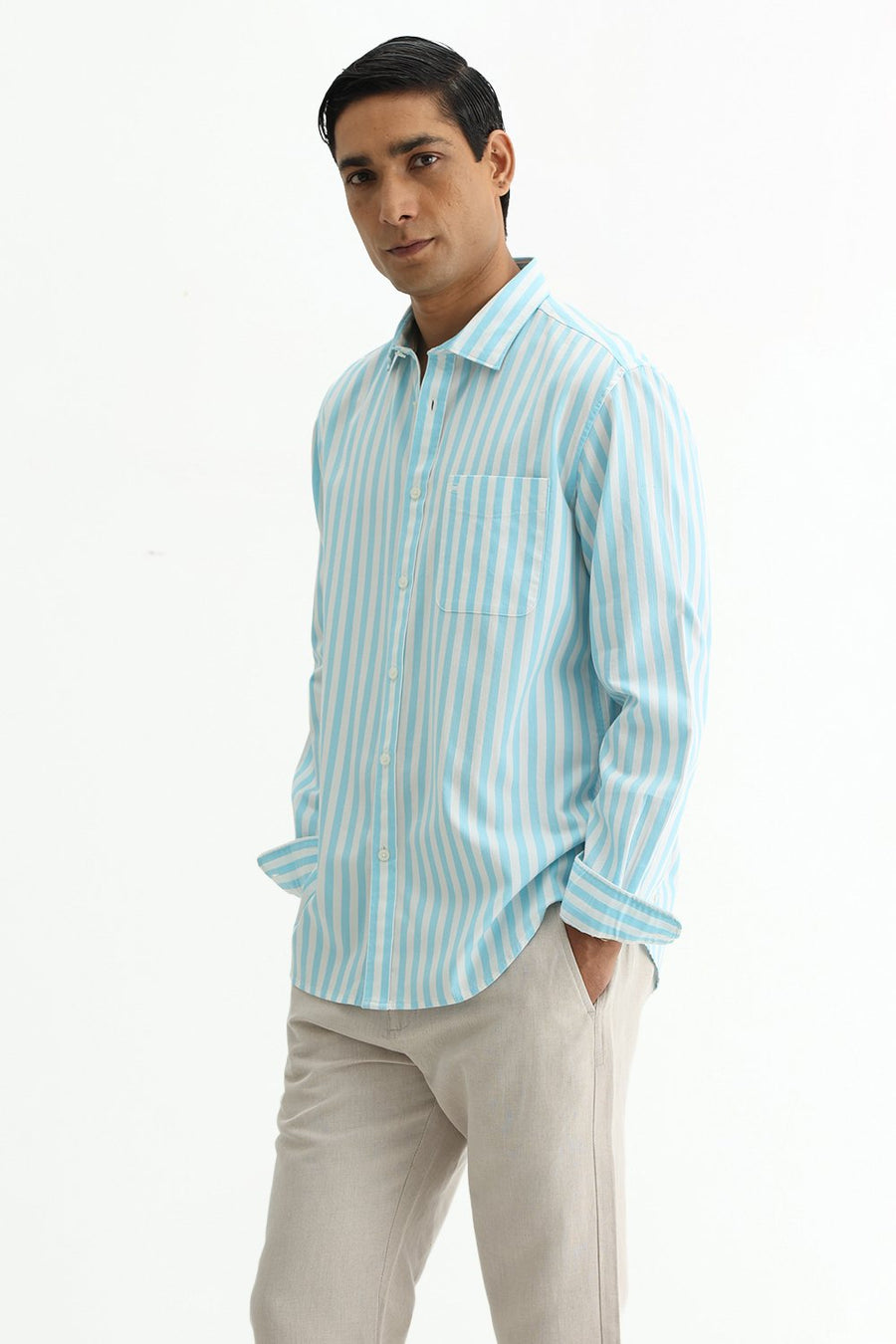 BASICS SLIM FIT BLUE BREEZE COTTON HERRING BONE STRIPE SHIRT