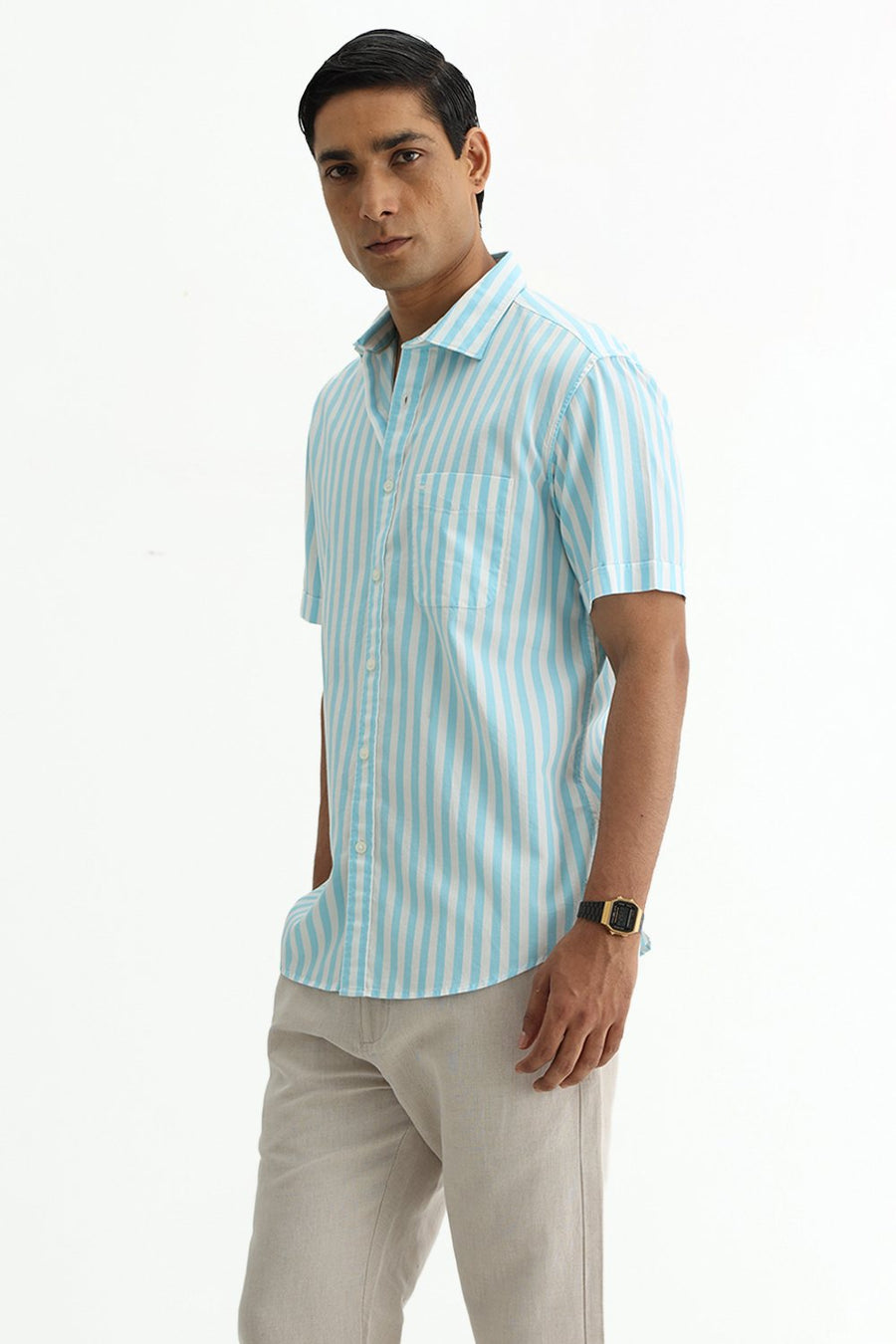 BASICS SLIM FIT BLUE BREEZE COTTON HERRING BONE STRIPE HALFSLEEVES SHIRT