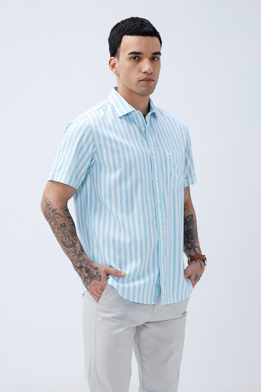 BASICS SLIM FIT BLUE BREEZE COTTON HERRING BONE STRIPE HALFSLEEVES SHIRT