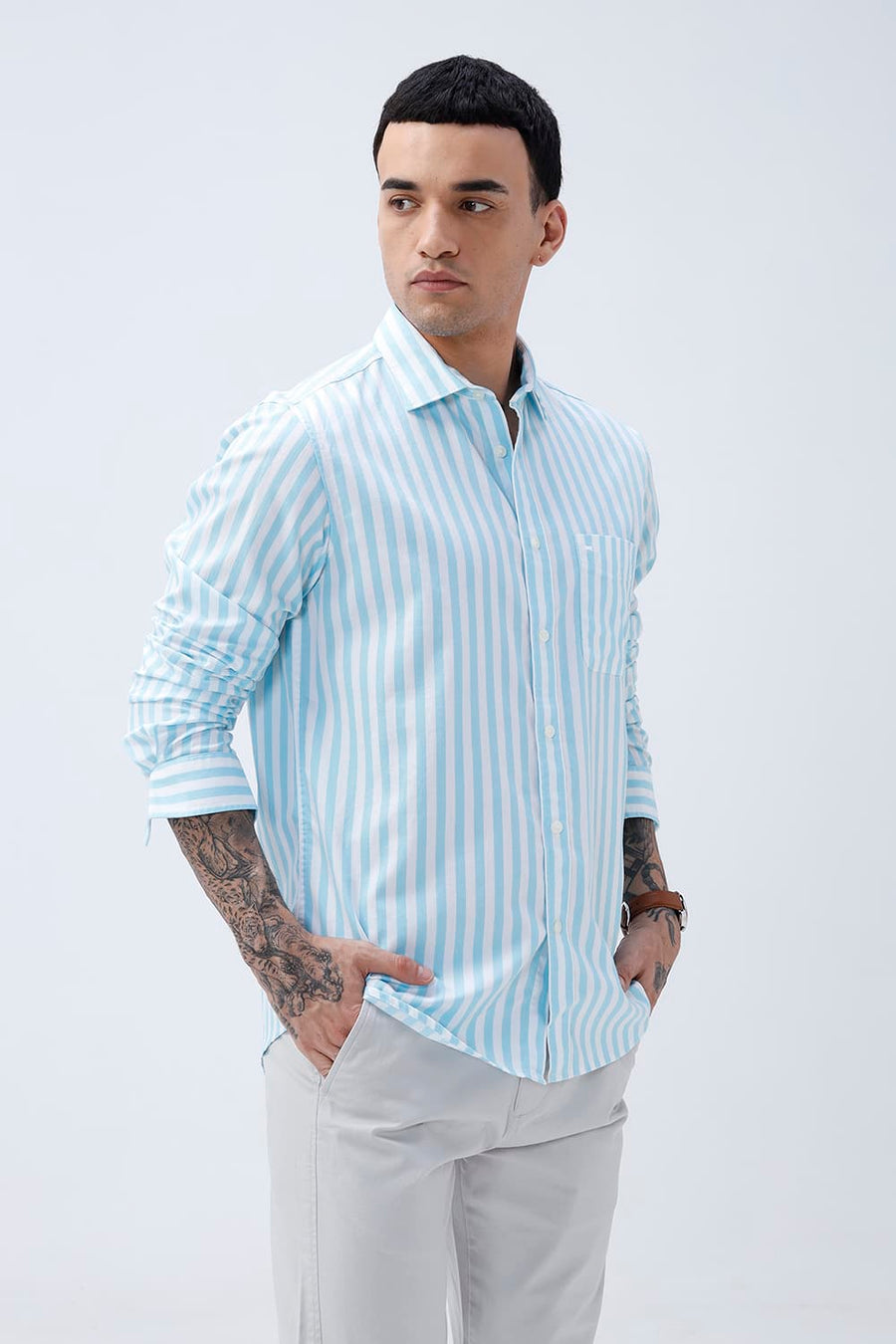 BASICS SLIM FIT BLUE BREEZE COTTON HERRING BONE STRIPE SHIRT